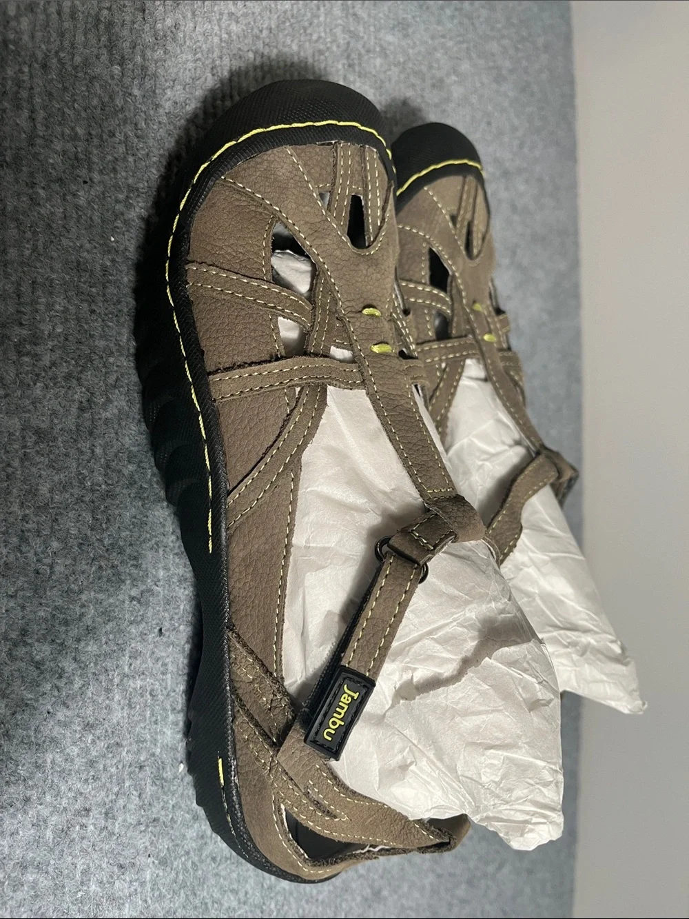 Jambu Brown Kids Closed-Toe T-Strap Sandals with Yellow Accents